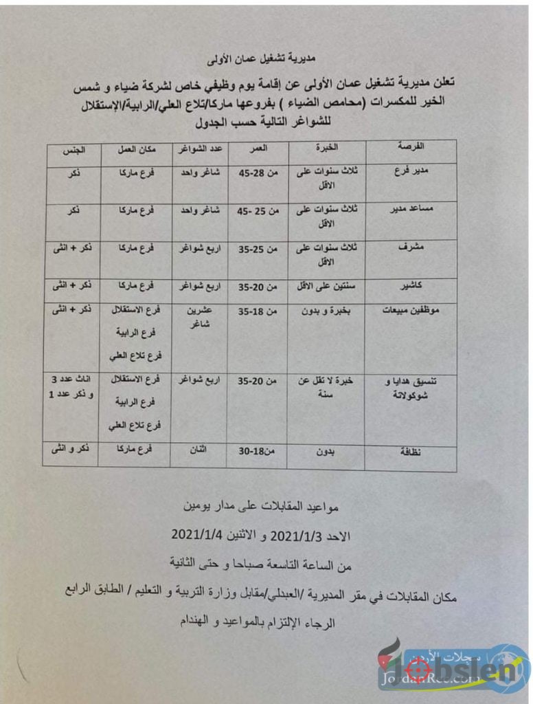 أكثر من ٢٠ شاغر في اليوم الوظيفي في عمان بشهادة أو بدون وبخبرة أو بدون ولكل الأعمار والجنسين