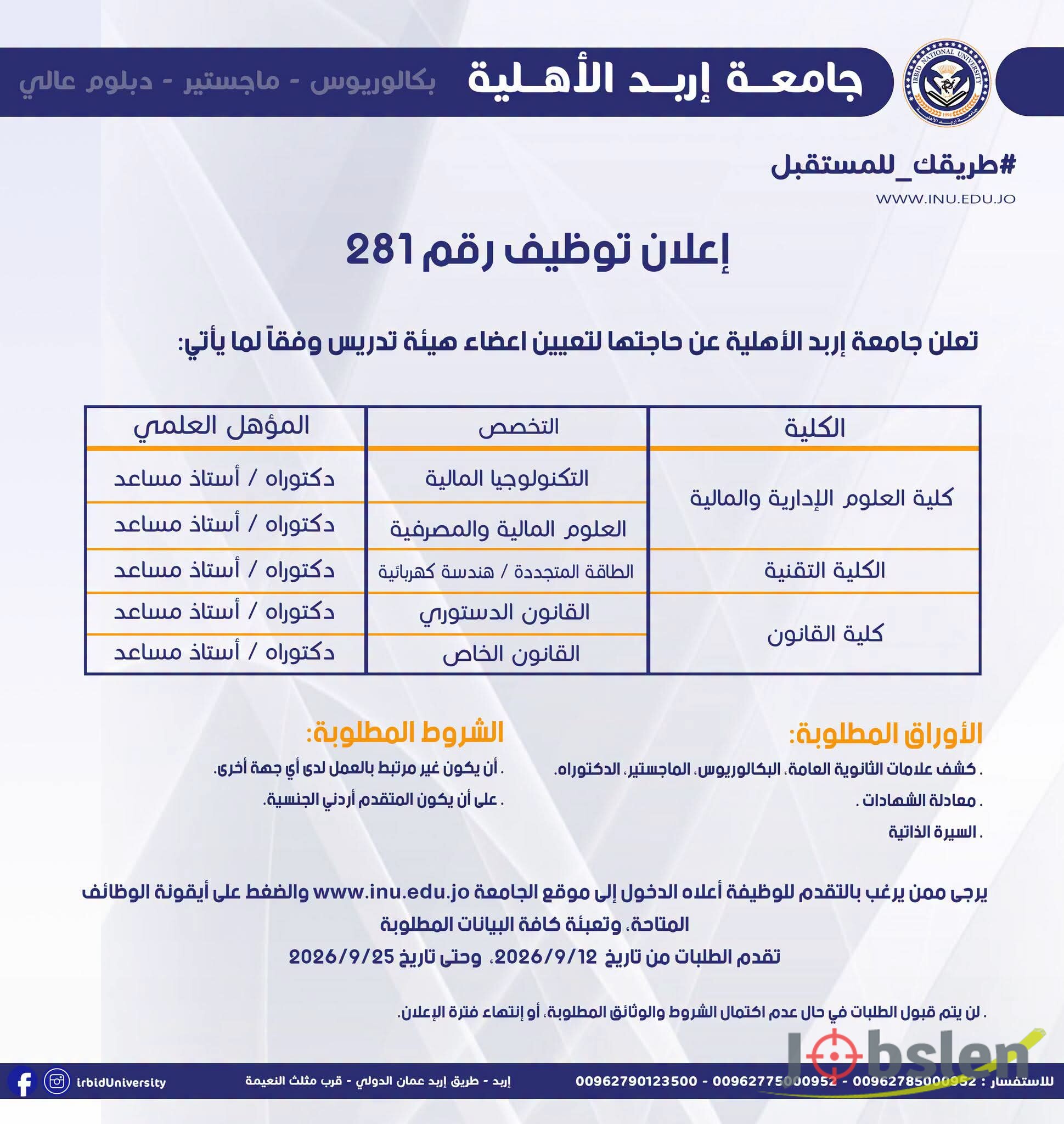 جامعة إربد الأهلية تعلن عن شواغر لأعضاء هيئة تدريس