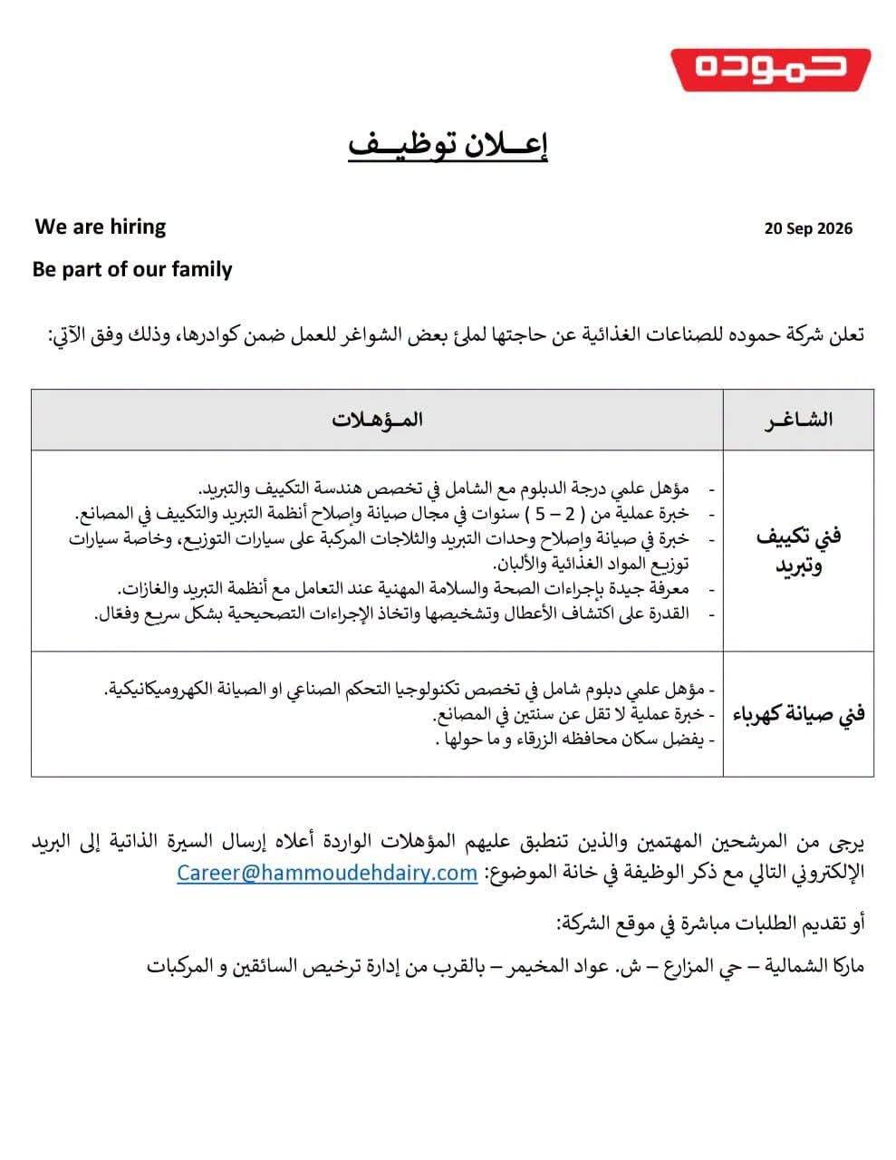 وظائف شاغرة لدى شركة حمودة للصناعات الغذائية