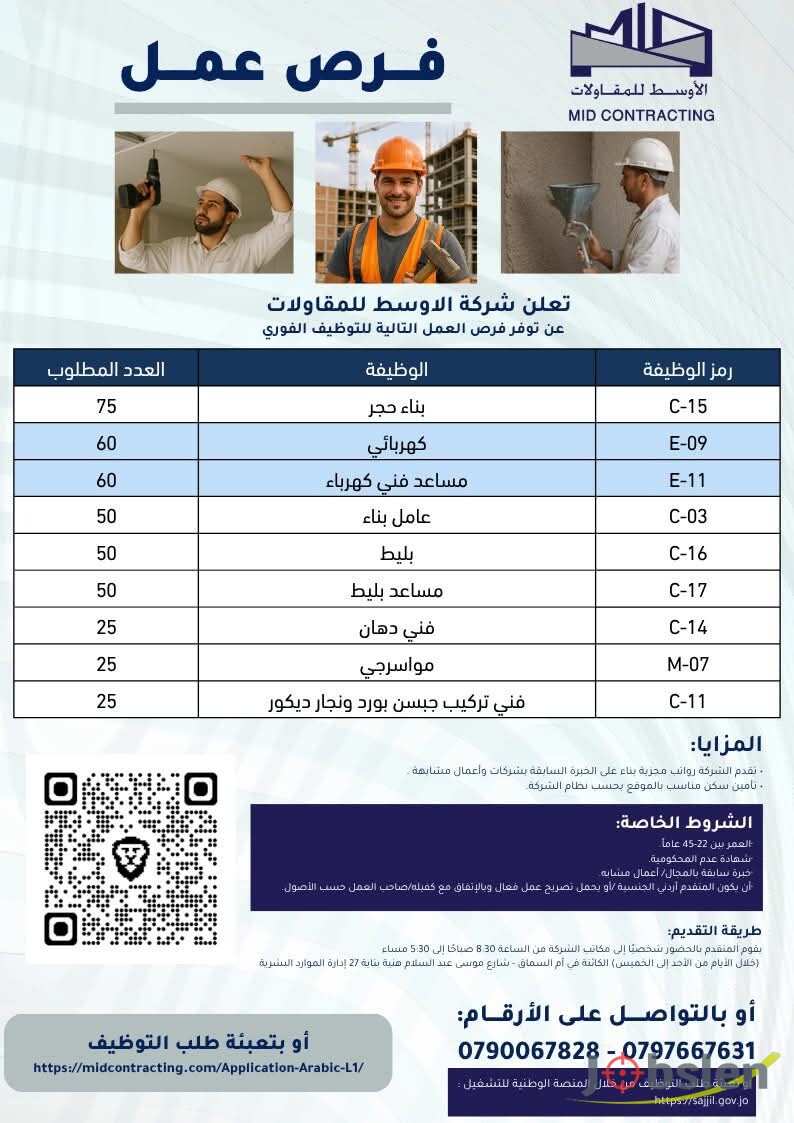 شركة الأوسط للمقاولات تعلن عن فرص عمل فورية في عدة تخصصات