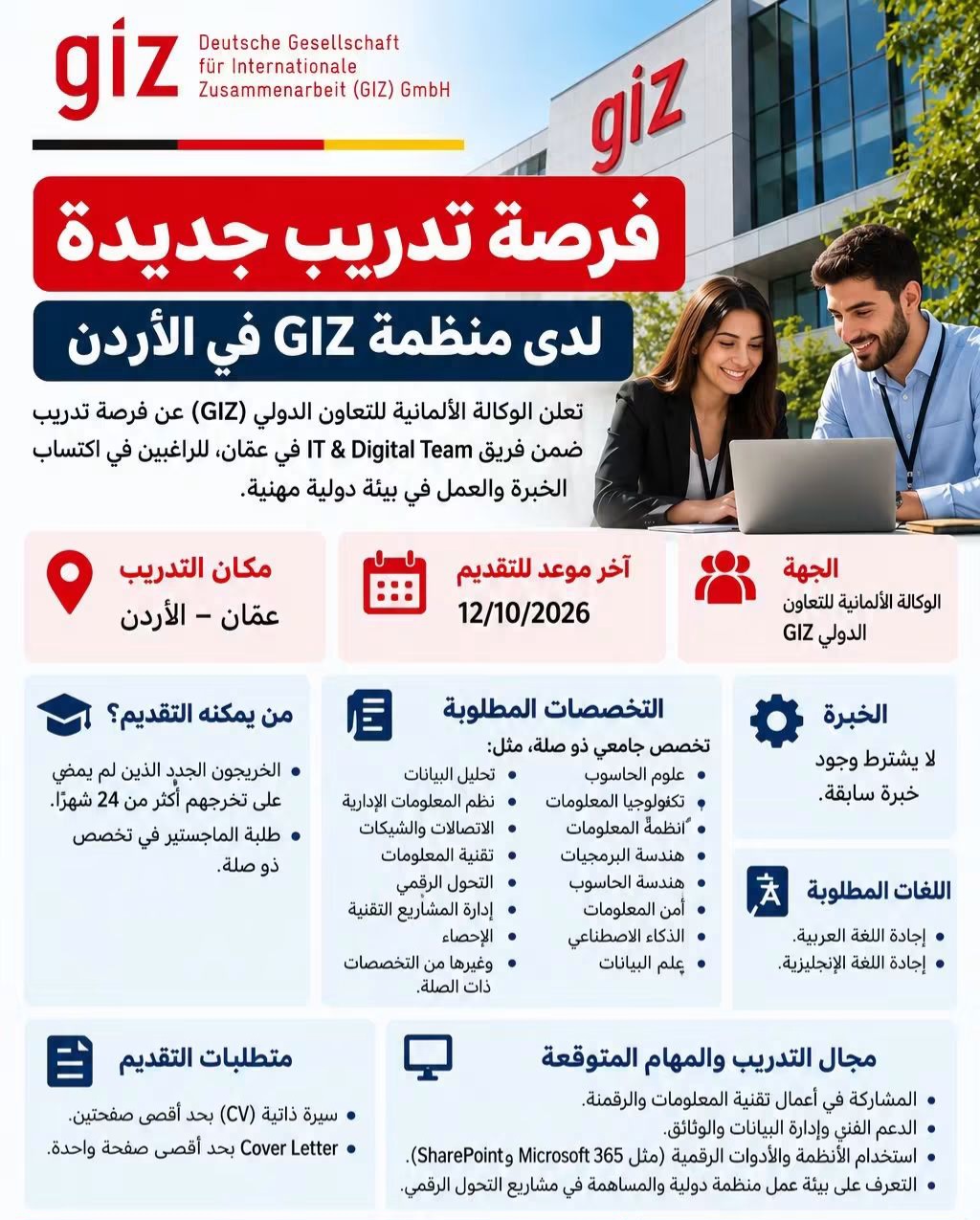 منظمة GIZ في الأردن تعلن عن فرصة تدريب للخريجين الجدد في مجال التقنية والتحول الرقمي
