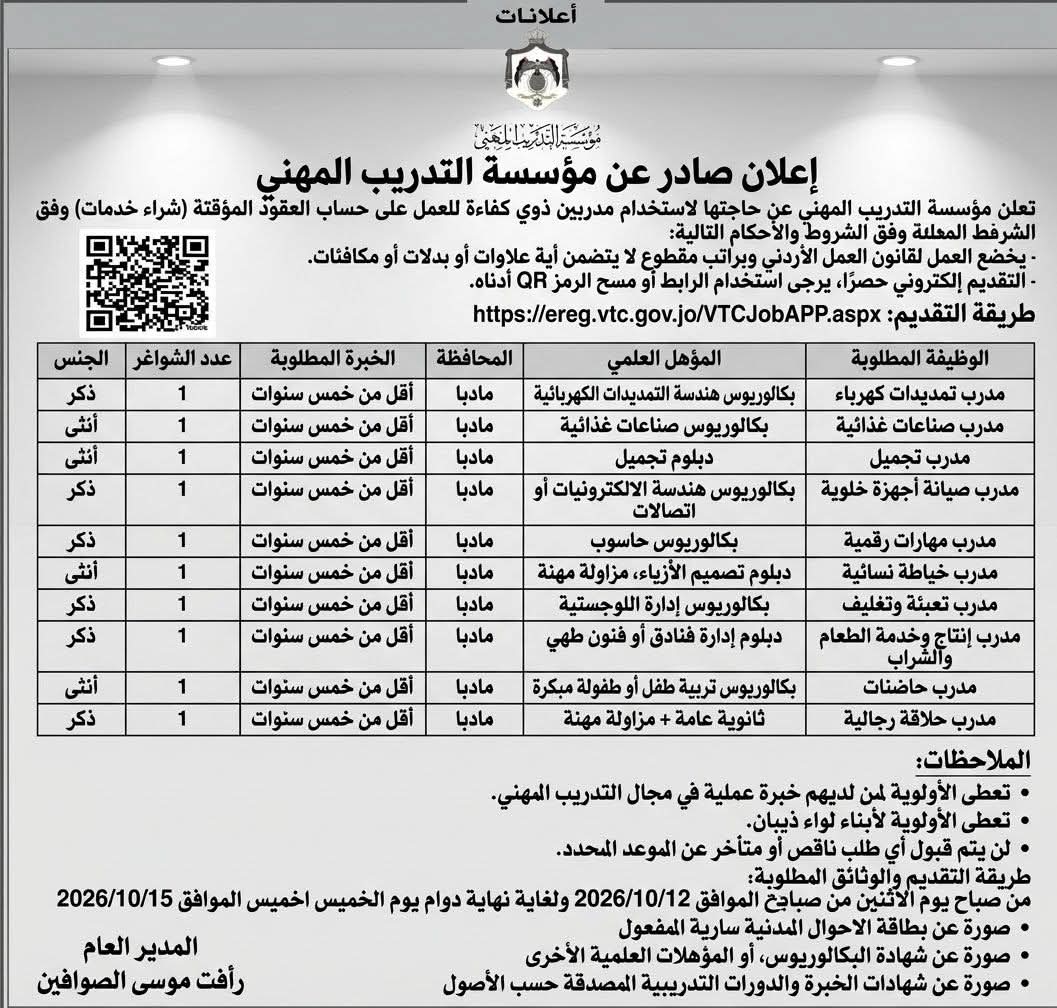 مؤسسة التدريب المهني تعلن عن 10 شواغر بعقود مؤقتة في مادبا