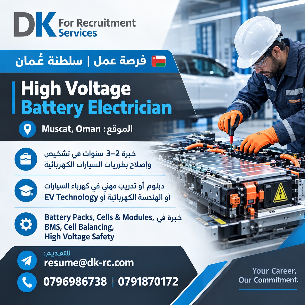 مطلوب فني كهرباء بطاريات الجهد العالي للسيارات الكهربائية والهجينة في سلطنة عُمان